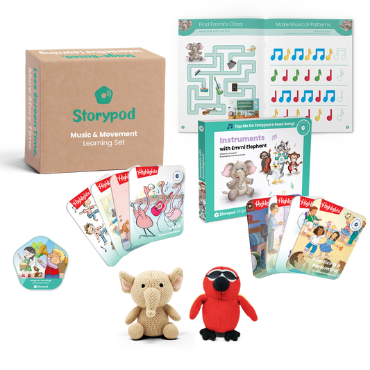 Storypod music and movement learning set with books, cards, and plush toys.