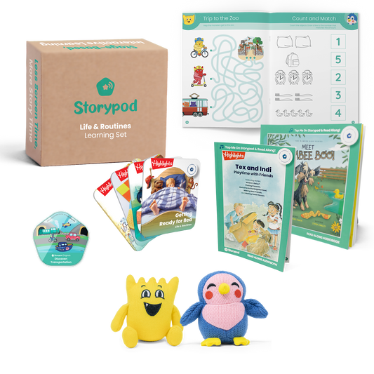 Storypod learning set with books, plush toys, activity cards, and a puzzle.