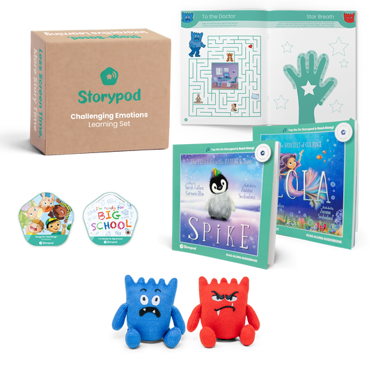 Storypod learning set with books, plush characters, and activity booklet for challenging emotions.