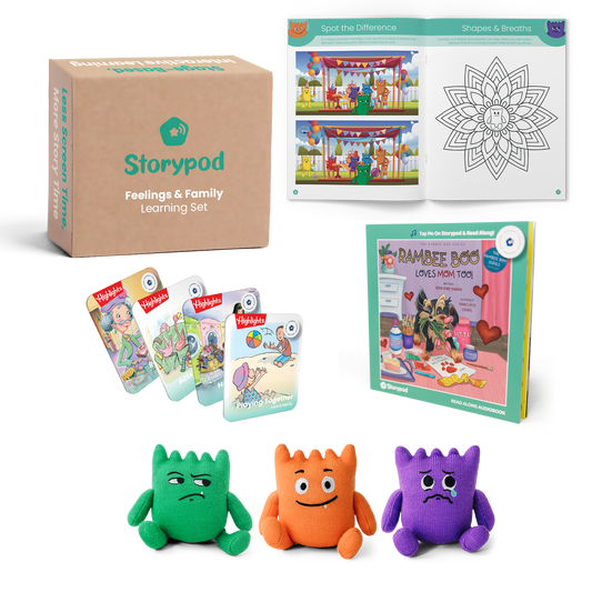 Storypod Feelings & Family Learning Set with books, cards, and plush toys.