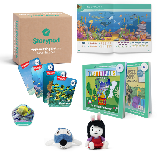 Storypod nature learning set with books, cards, and plush toys.