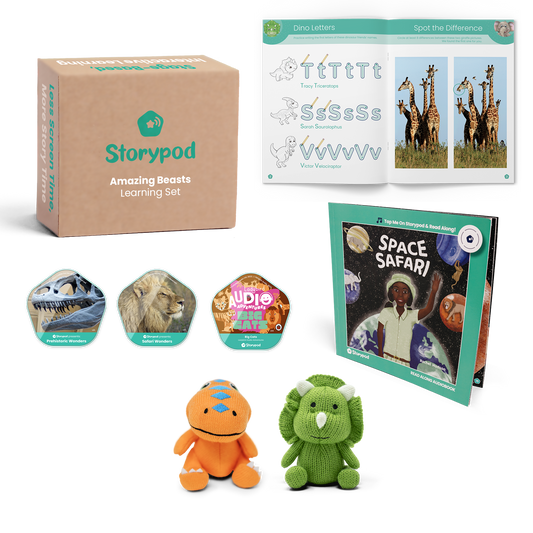 Storypod Amazing Beasts Learning Set with plush toys and interactive book.