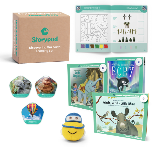 Storypod Discovering Our Earth Learning Set with books, activity sheet, and toy.