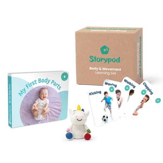 Storypod Body & Movement Learning Set with book, cards, and a small plush toy.