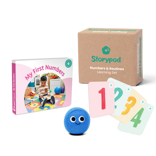 Storypod learning set with book, cards, and plush toy for children.