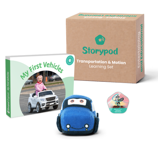 Children's vehicle learning set with book, knitted car toy, and badge from Storypod.